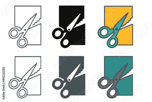 Geometric Scissors Art. Scissors halfway through paper creating sharp straight tear, balanced geometric layout, first in line