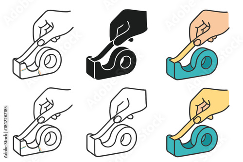 Tape Dispenser Artistry. Hand pulling tape from dispenser creating smooth adhesive line, simple motion detail, first in line style