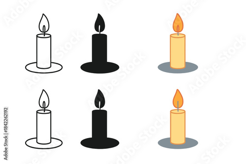 Candle Shadow Variations. Single candle with gentle flame casting soft oval shadow, minimal serene form, first in line style with