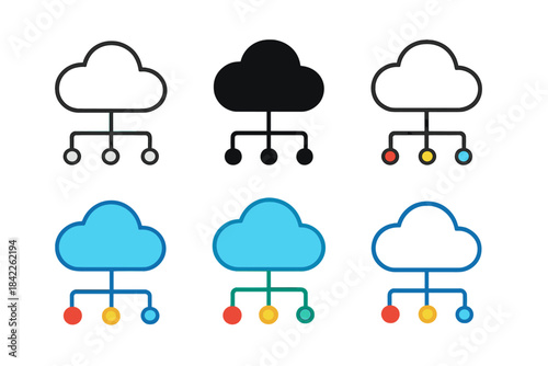 Cloud Data Network Icons. Cloud icon with small network nodes linked below, symbol of data connection, first in line style with