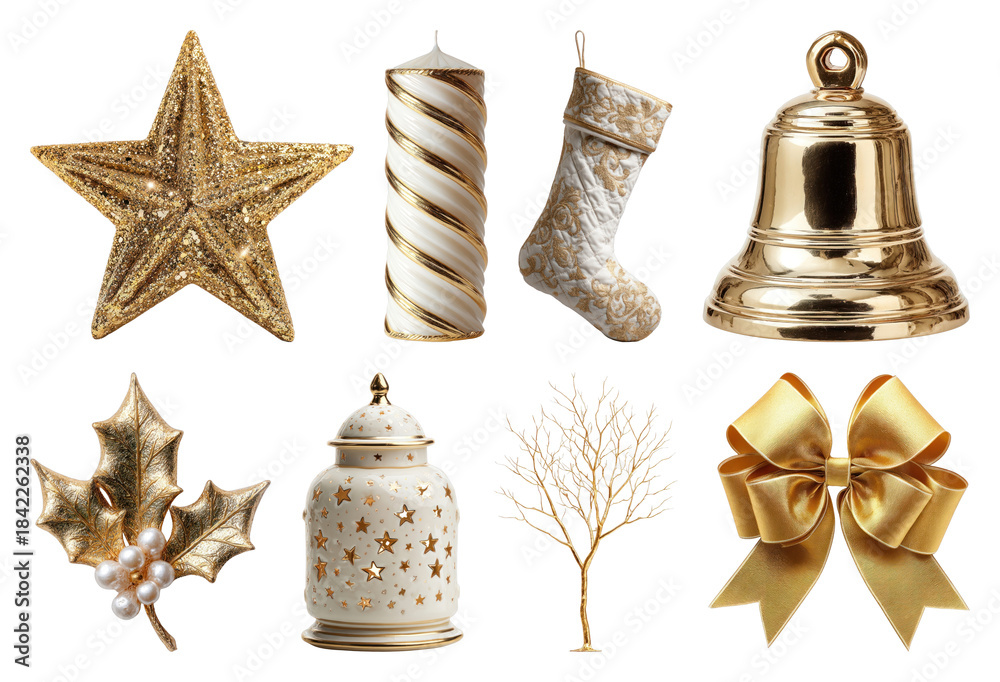 Obraz premium PNG Elegant gold Christmas decorations collection, element set on transparent background