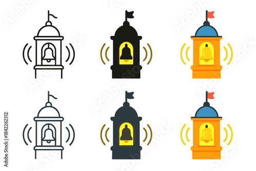 Bell Tower Art Styles. Bell tower silhouette with ringing arcs and glowing effects, first in line style with thin outline, second