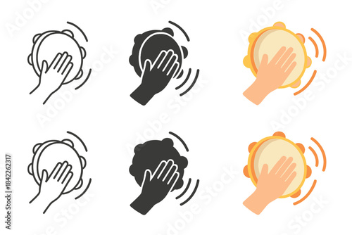 Tambourine Rhythm Waves. Hand striking tambourine producing rhythmic musical waves, first in line style with thin outline, second