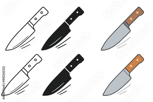 Dynamic Knife Designs. Chef’s knife with sharp blade and cutting motion lines, first in line style with thin outline, second in