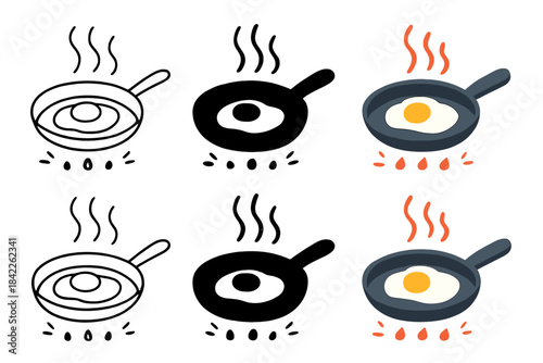 Sizzling Egg Variations. Pan with egg and animated heat lines and sizzle sparks, first in line style with thin outline, second in