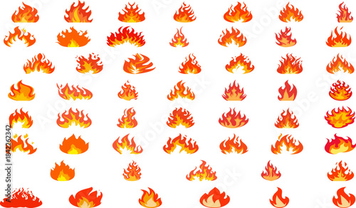 Collection of diverse fiery flames, illustrating various sizes, shapes, and intensities of fire for graphic design and illustrative purposes