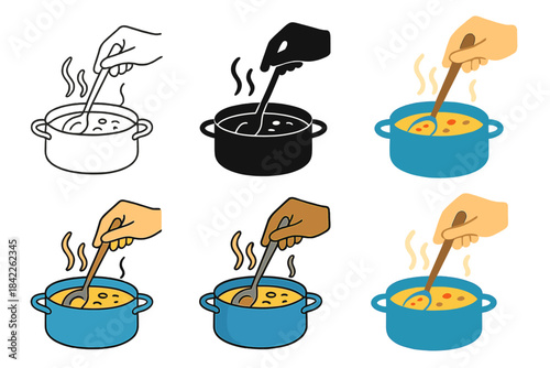 Soup Stirring Styles. Hand stirring soup in pot with visible steam arcs, first in line style with thin outline, second in solid