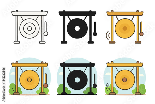 Temple Gong Variations. Temple gong with serene atmosphere and sound wave symbols, first in line style with thin outline, second