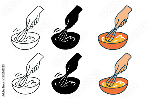 Whisking Egg Styles. Hand using whisk to whip eggs with animated froth motion, first in line style with thin outline, second in