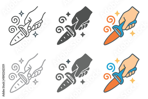 Carrot Peeler Artistry. Hand using peeler to shave carrot with animated spirals and spark lines, first in line style with thin