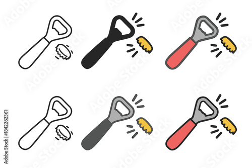 Dynamic Bottle Opener Icons. Bottle opener icon with cap flying off and animated sound arcs, first in line style with thin outline