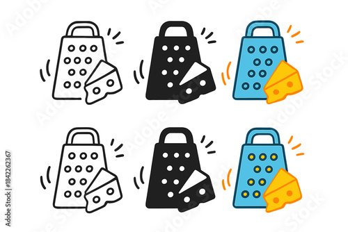 Grater Icon Styles. Grater icon with falling cheese and stylized motion and vibration lines, first in line style with thin outline