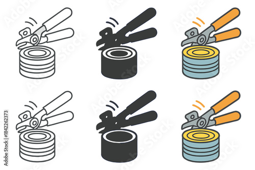 Can Opener Motion Styles. Can opener cutting top of a tin with motion lines showing rotation, first in line style with thin