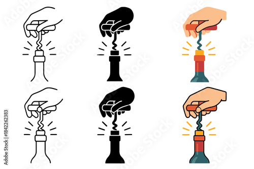 Wine Cork Extraction. Hand holding corkscrew pulling cork out of wine bottle with spark lines, first in line style with thin