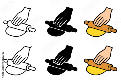 Rolling Dough Styles. Hand using rolling pin to spread dough evenly with arcs, first in line style with thin outline, second in
