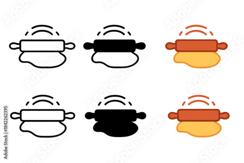 Rolling Pin Evolution. Rolling pin and dough icon with animated flattening motion and arcs, first in line style with thin outline,