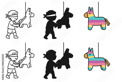 Pinata Swing Styles. Child swinging stick at pinata midair first in line style with thin outline, second in solid style filled