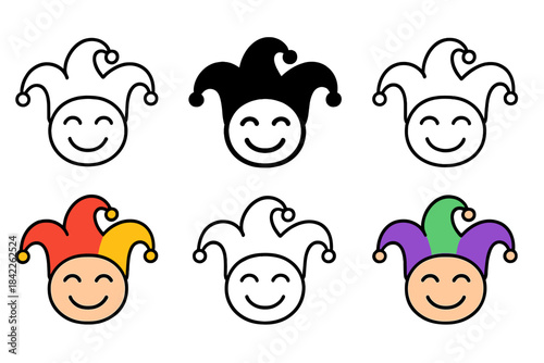 Jester Faces Evolution. Smiling jester face wearing playful hat first in line style with thin outline, second in solid style