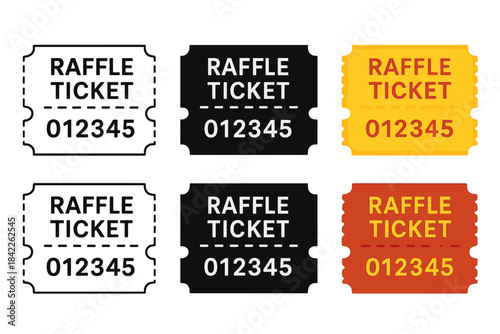 Raffle Ticket Styles. Raffle ticket with number and dotted cut line first in line style with thin outline, second in solid style