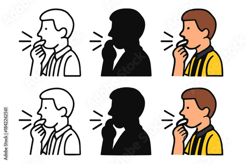 Referee Whistle Styles. Referee blowing whistle with motion lines first in line style with thin outline, second in solid style