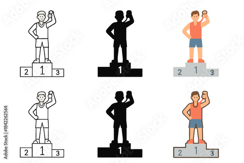 Champion on Podium. Athlete standing on podium holding gold medal first in line style with thin outline, second in solid style