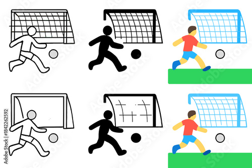Player's Goal Evolution. Player kicking ball into wide open goal first in line style with thin outline, second in solid style