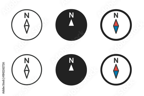 Compass Design Variations. Compass needle aligned perfectly with north arrow first in line style with thin outline, second in