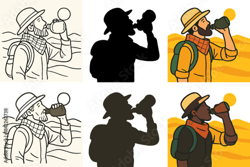 Desert Hydration Art Styles. Traveler drinking from canteen in desert heat first in line style with thin outline, second in solid