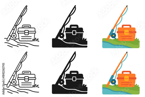 Fishing Rod Styles. Fishing rod leaning on tackle box by riverbank first in line style with thin outline, second in solid style