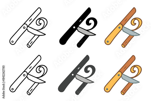 Knife Carving Styles. Open pocket knife carving stick shavings first in line style with thin outline, second in solid style filled