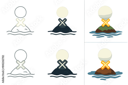 Glowing Island X Marks. X mark glowing faintly under moonlight on island first in line style with thin outline, second in solid