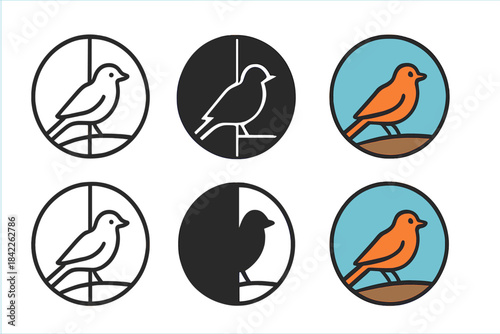 Multistyle Bird Silhouettes. Bird silhouette framed inside circular binocular view first in line style with thin outline, second