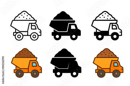 Gravel Truck Styles. Truck Load Gravel first in line style with thin outline, second in solid style filled shape, third in flat