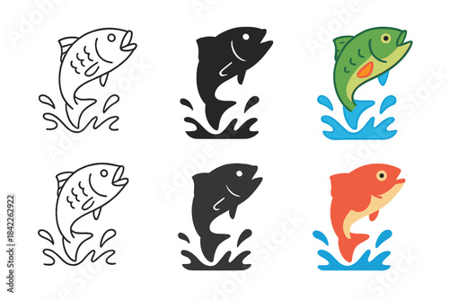 Diverse Fish Styles. Fish Jump Splash first in line style with thin outline, second in solid style filled shape, third in flat