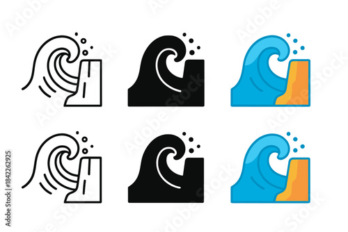 Wave Style Variations. Wave Crash Cliff first in line style with thin outline, second in solid style filled shape, third in flat