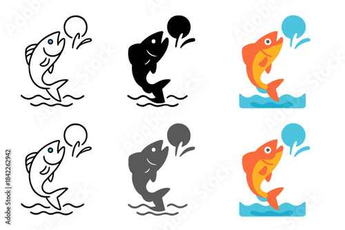 Stylized Fish Variations. Fish Leap Strike first in line style with thin outline, second in solid style filled shape, third in