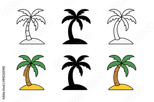 Beach Icons Variations. Beach Sand Palm first in line style with thin outline, second in solid style filled shape, third in flat
