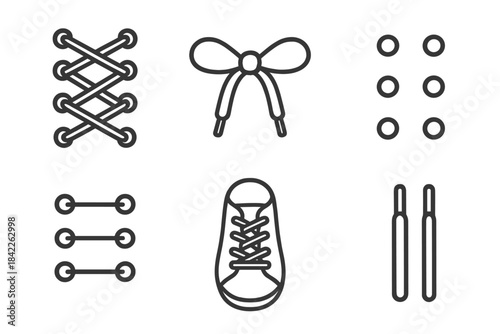 Footwear Lacing Icons. Line style vector icons of footwear lacing: interlaced strings, knotted loop, paired eyelets, guided lace