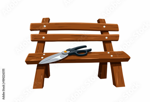 Wooden Bench with Large Garden Scissors on a White Background Illustrating Gardening Tools and Outdoor Furnishings