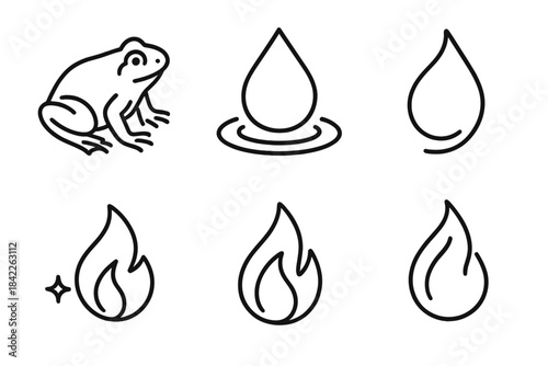 Pond Elements Line Art. Line style vector icons of ponddrop cinder: smooth frog contour, limb curve, pondlike droplet trace, drip