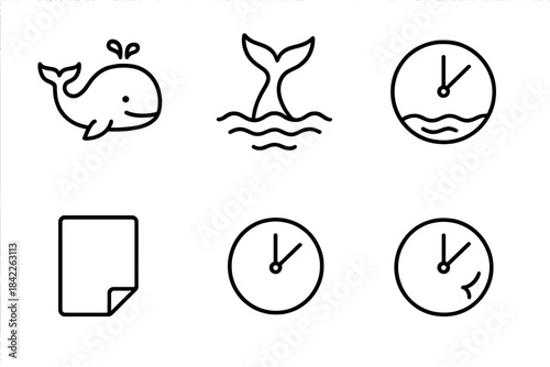 Watery Whale Icon. Line style vector icons of watery paper dial: clean whale contour, flowing tail stroke, paper dial backing,