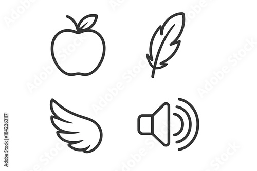 Fruity Feather Icons. Line style vector icons of fruit feather volume: rounded fruit form, simple leaf point, airy feather wing,