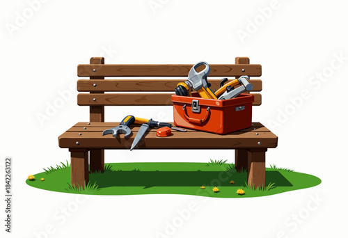 Wooden bench showcasing a variety of essential hand tools neatly organized in an orange toolbox, highlighting gardening and repair tasks in an outdoor setting
