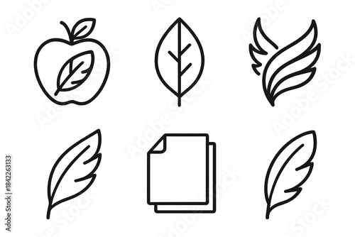 Feathered Fruit Icons. Line style vector icons of feathered fruit pages: apple loop shape, neat leaf, feather-like wing, curved
