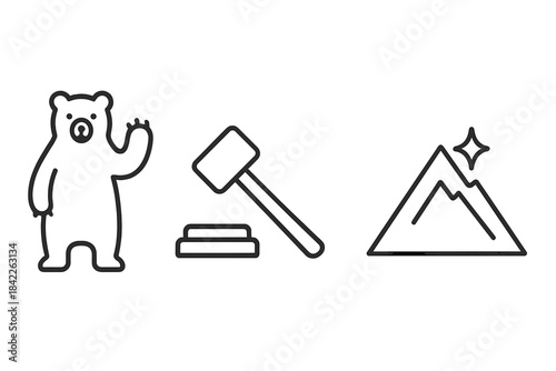 Ursine Mallet Summit Icons. Line style vector icons of ursine mallet summit: upright ursine figure, lifted paw arc, firm mallet