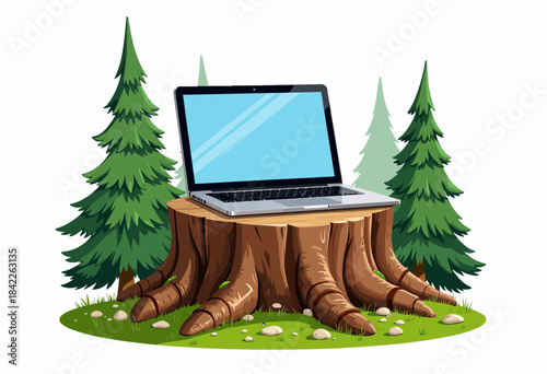 Laptop Resting on a Tree Stump Amid a Forest Scene with Evergreen Trees and Grassy Ground Under a Clear Sky Blending Technology and Nature