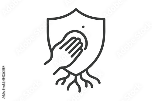 Line Style Icons. Line style vector icons of grasp bulwark stem: outlined hand form, finger arc trace, bulwark shield body,