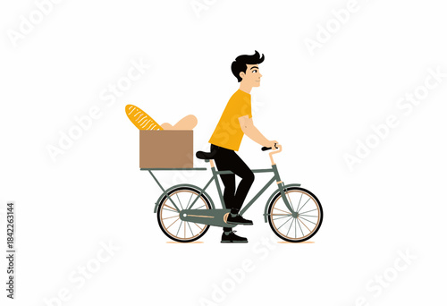 Young person riding a bicycle carrying a box of freshly baked bread, embodying sustainable city living and promoting eco-friendly transportation methods