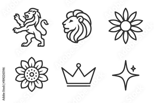 Sunpetal Kingmark Icons. Line style vector icons of sunpetal kingmark: lifted lion pose, mane outline roll, sunpetal array,