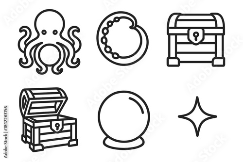 Seabound Trove Icons. Line style vector icons of seabound trove lightorb: flowing octopus frame, tentacle ring, seabound trove box